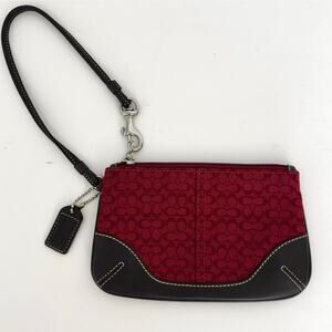 Coach Red Signature Canvas Brown Leather Trim Wristlet Wallet
